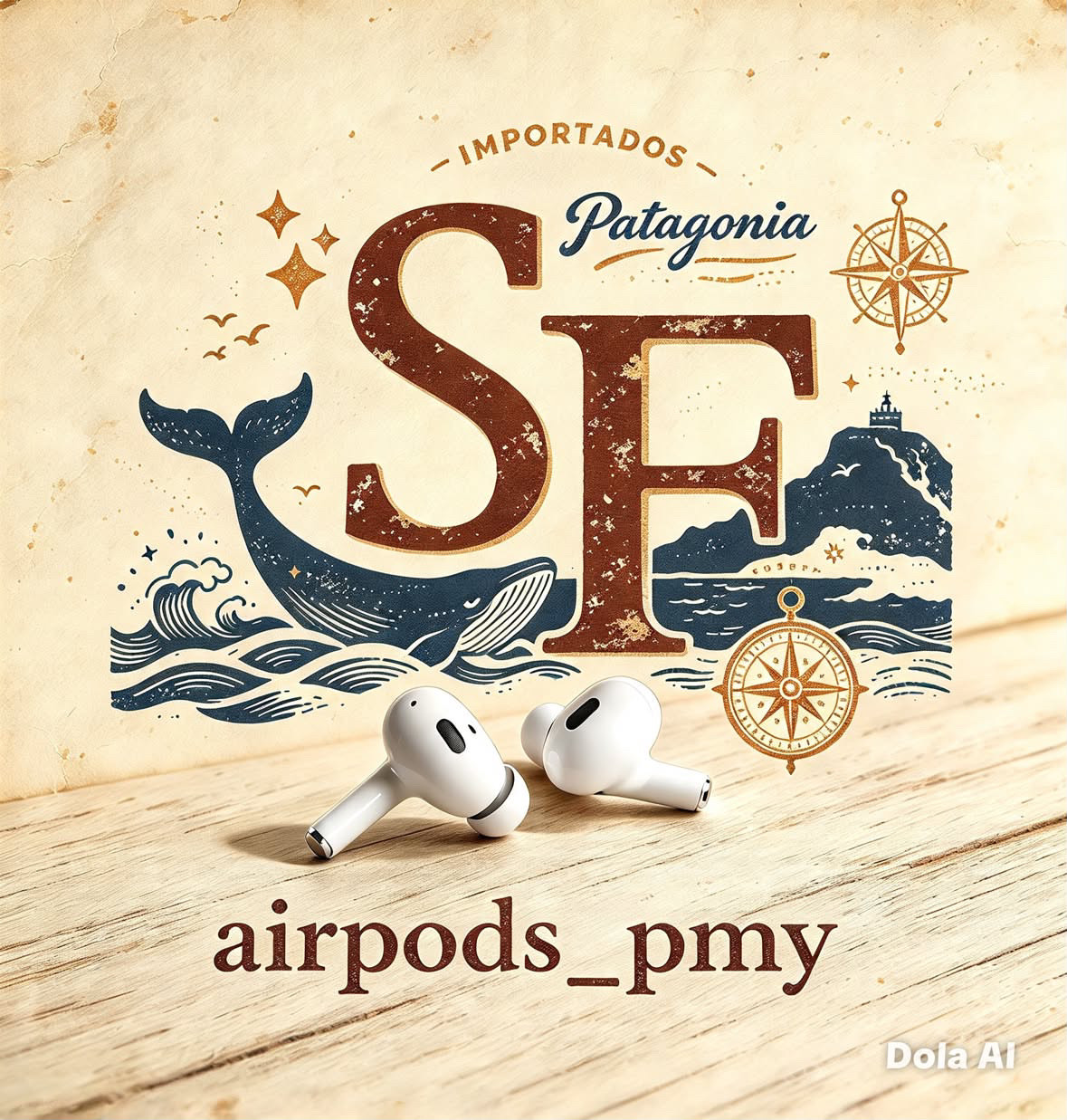 Marca Airpods Pmy con una ballena y motivos de la Patagonia
